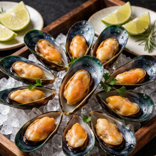 Green mussels on crushed ice with lemon