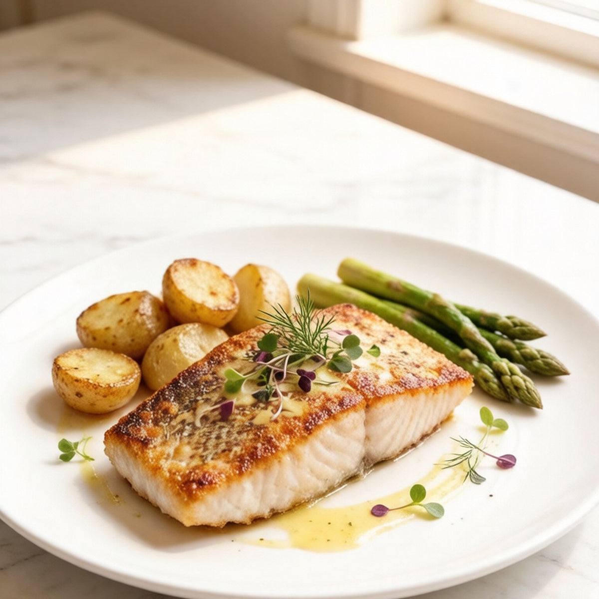 Pan-seared sea bass with vegetables
