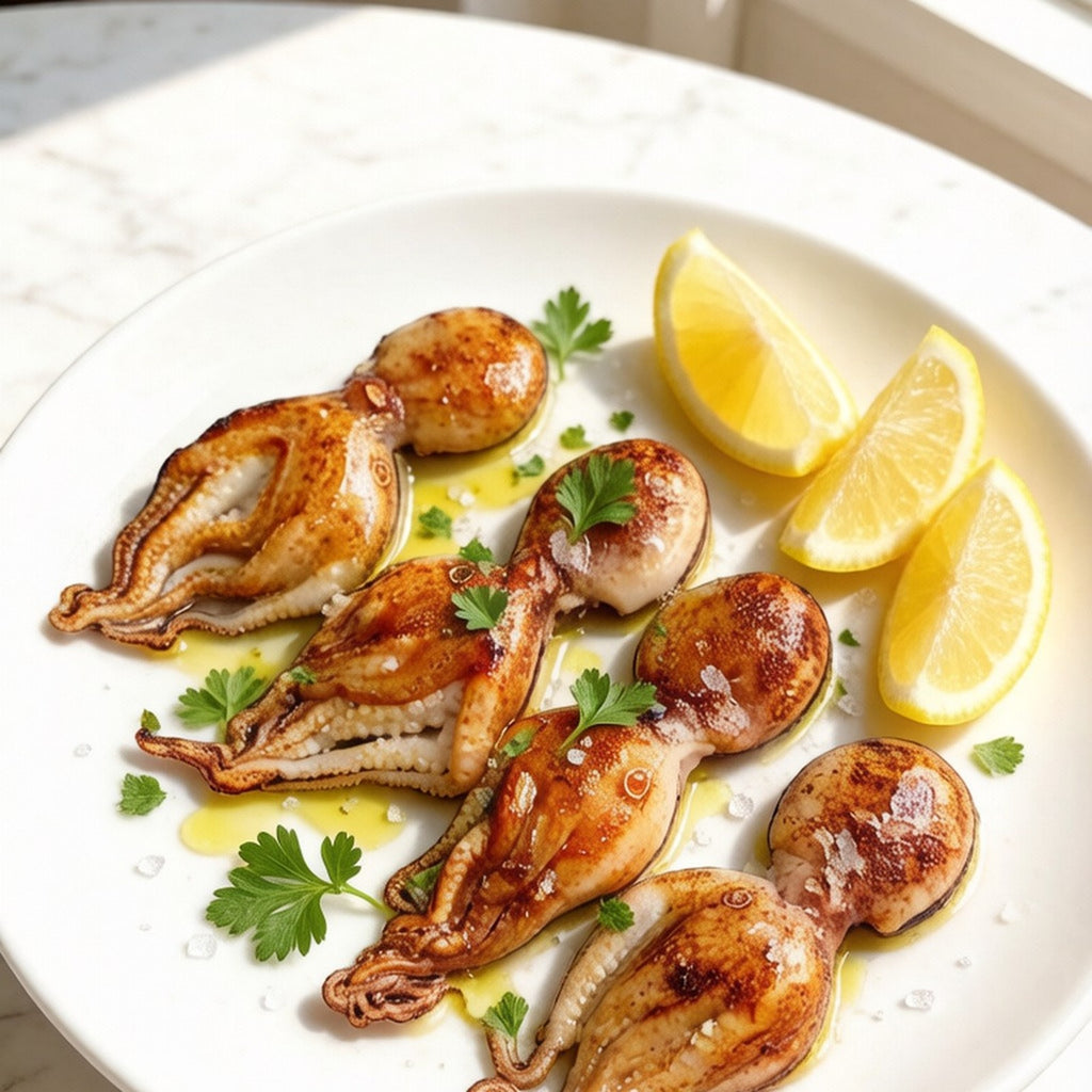 Grilled baby octopus with lemon wedges