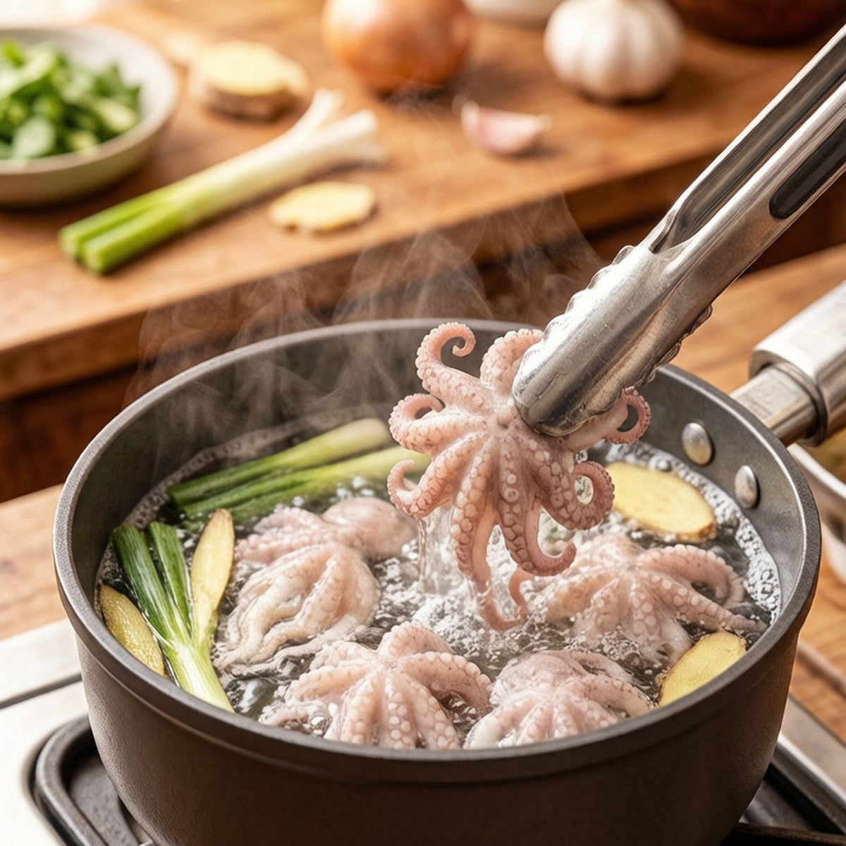 Baby octopus blanching in a pot