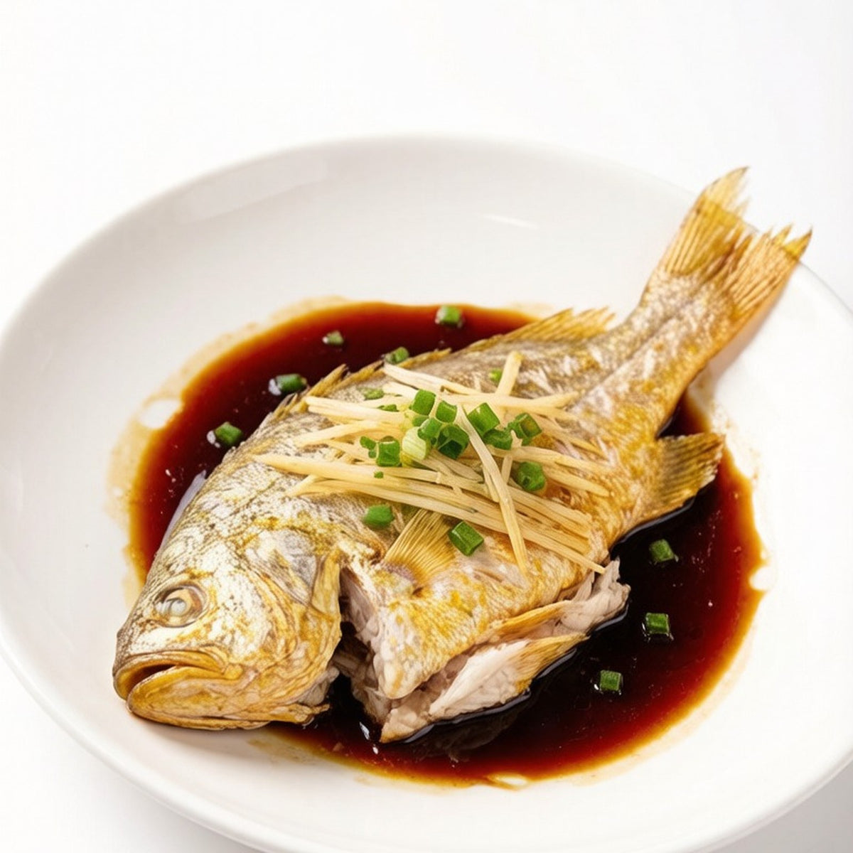 Pan-fried yellow croaker with herbs on a plate