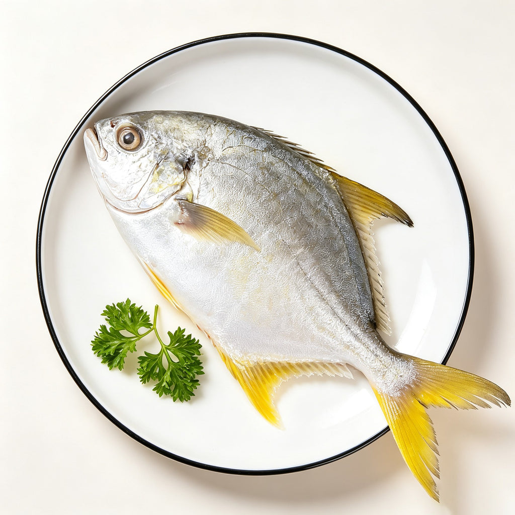 Whole yellowfin sea bream on a white plate